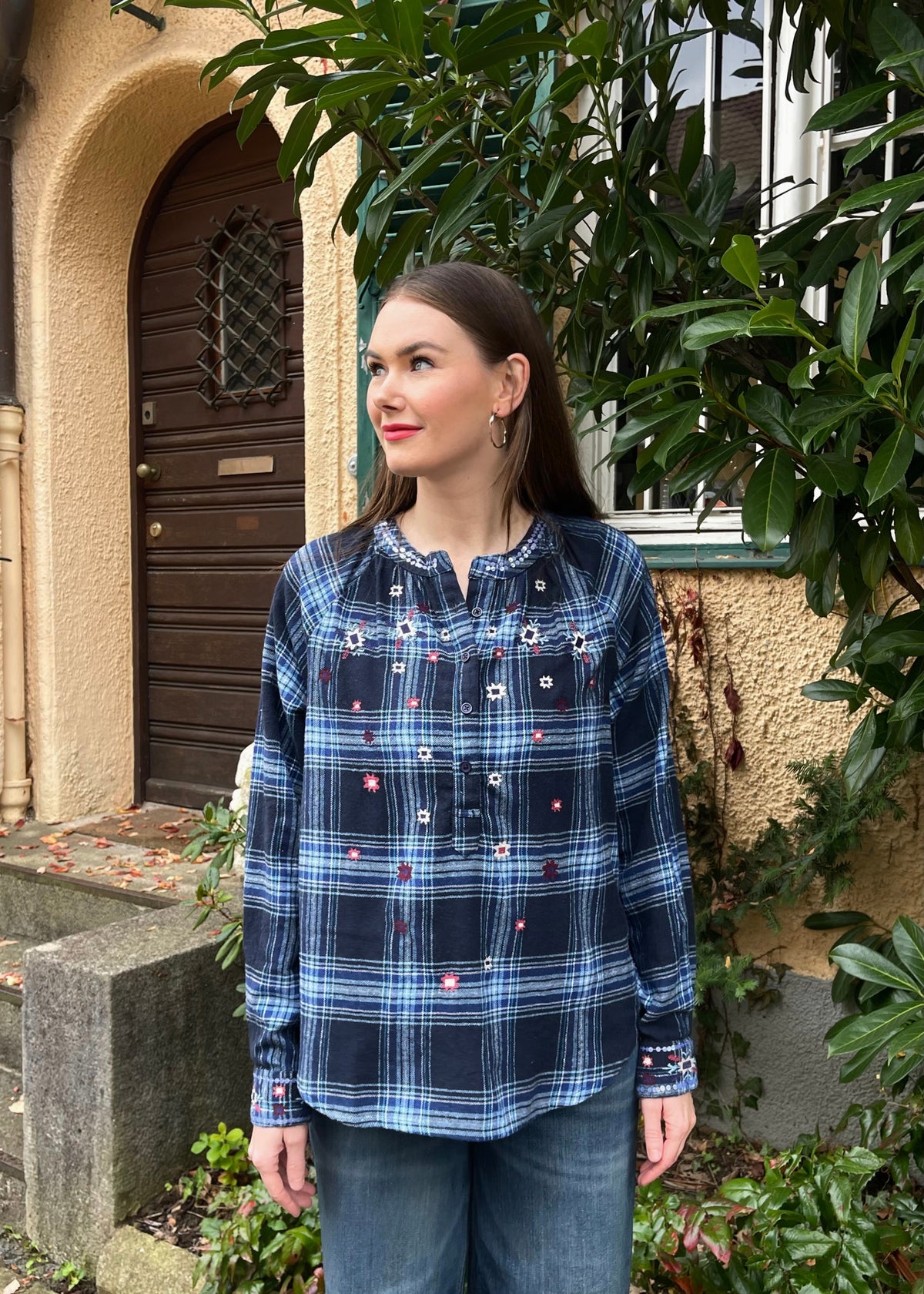 Flanell Bluse mit Stickerei