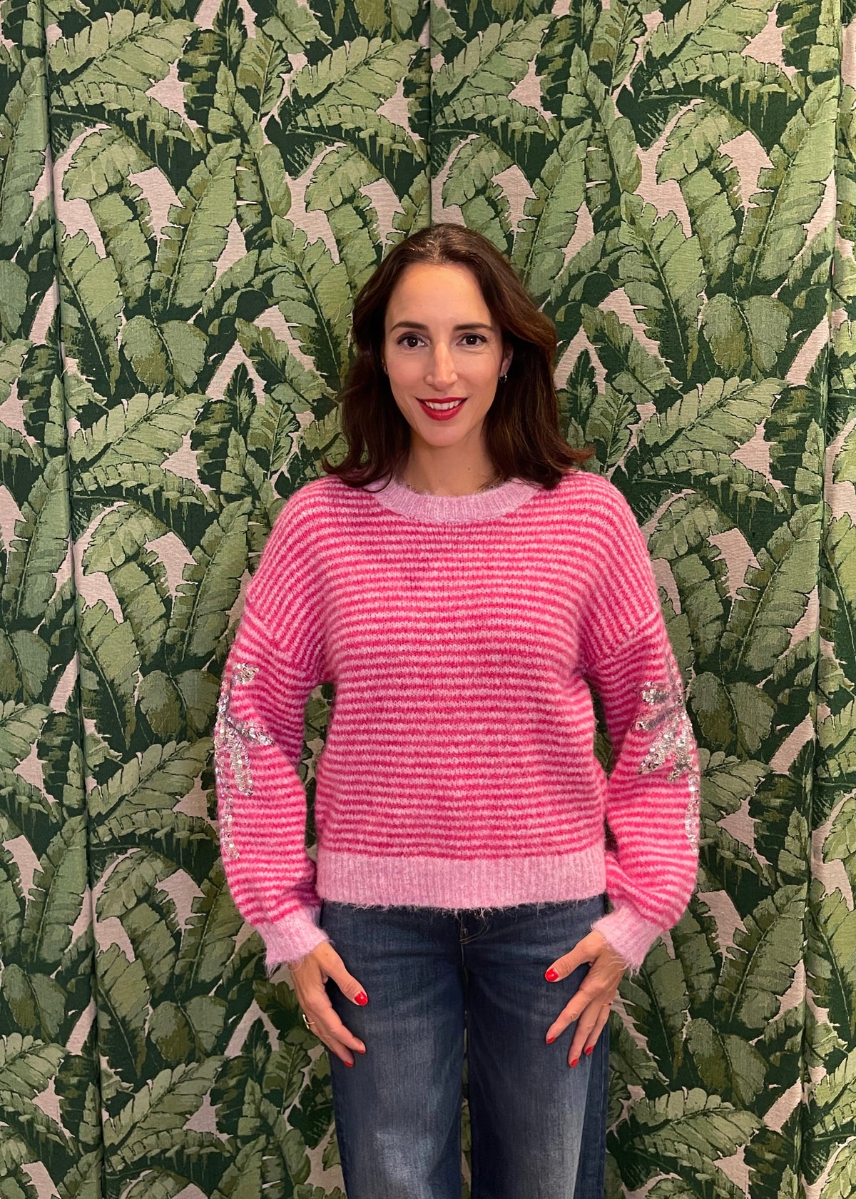 Ringelpullover in Pink mit Palmenapplikation