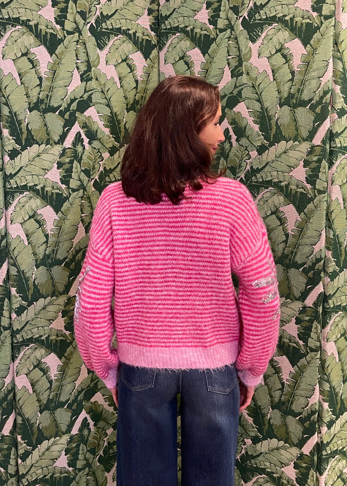 Ringelpullover in Pink mit Palmenapplikation